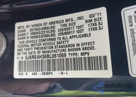 2011 Honda Cr-V Lx from USA, damaged, VIN 5J6RE4H36BL061069